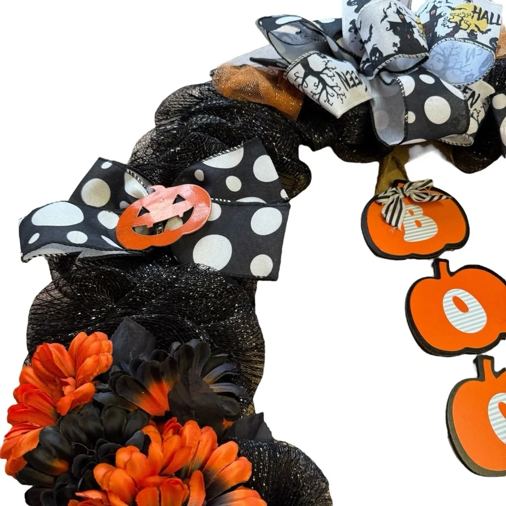 Black Glitter Mesh Halloween Wreath with Orange Flowers Haunted House Ribbon 25